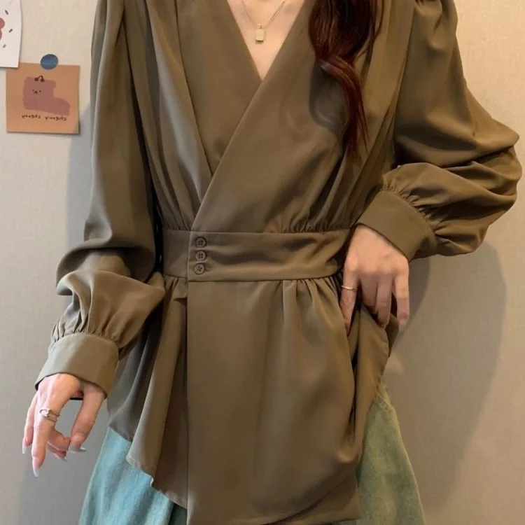 

Women's Elegant Irregular V-neck Black Cooffe Blouse Long Puff Sleeve Belted Peplum Slim Waist Top Office Wear Casual Shirts
