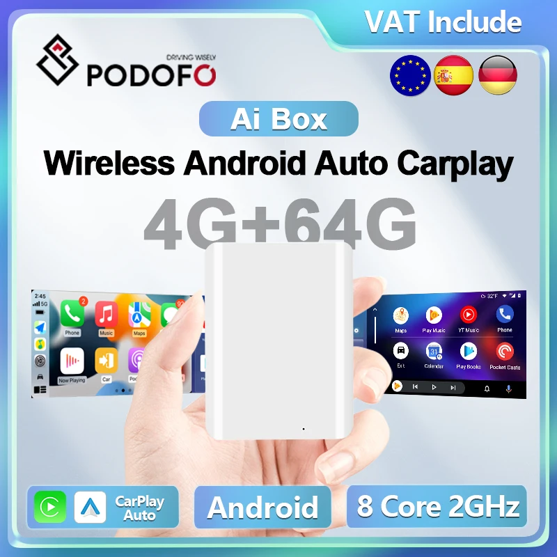 

Podofo Wired To Wireless CarPlay Ai Box Upgrade Android System 4G+64G Android Auto Adapter Plug And Play Ai Voice WiFi Bluetooth