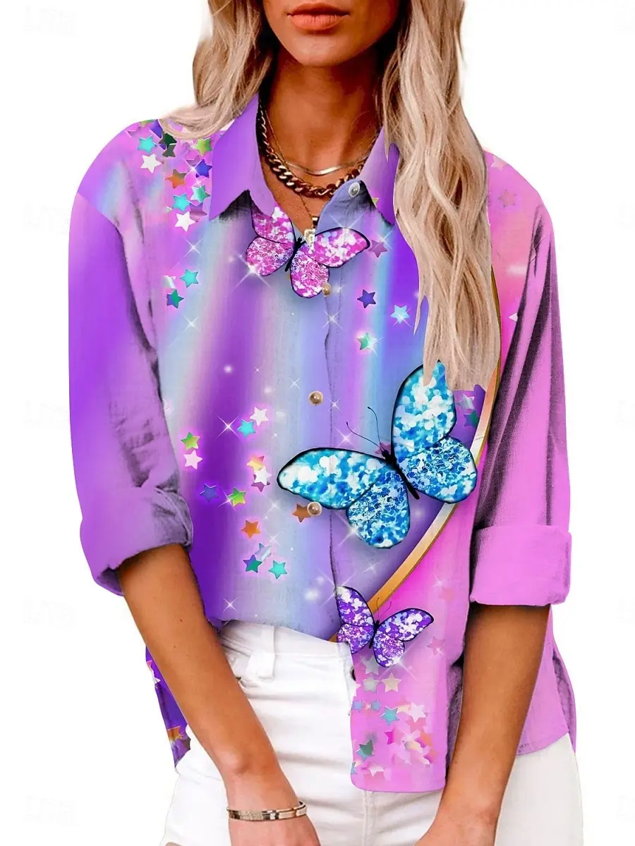 

Модная женская рубашка с бабочкой, активная повседневная стильная рубашка с длинным рукавом и воротником, обычные топы, повседневные праздничные топы с принтом на пуговицах