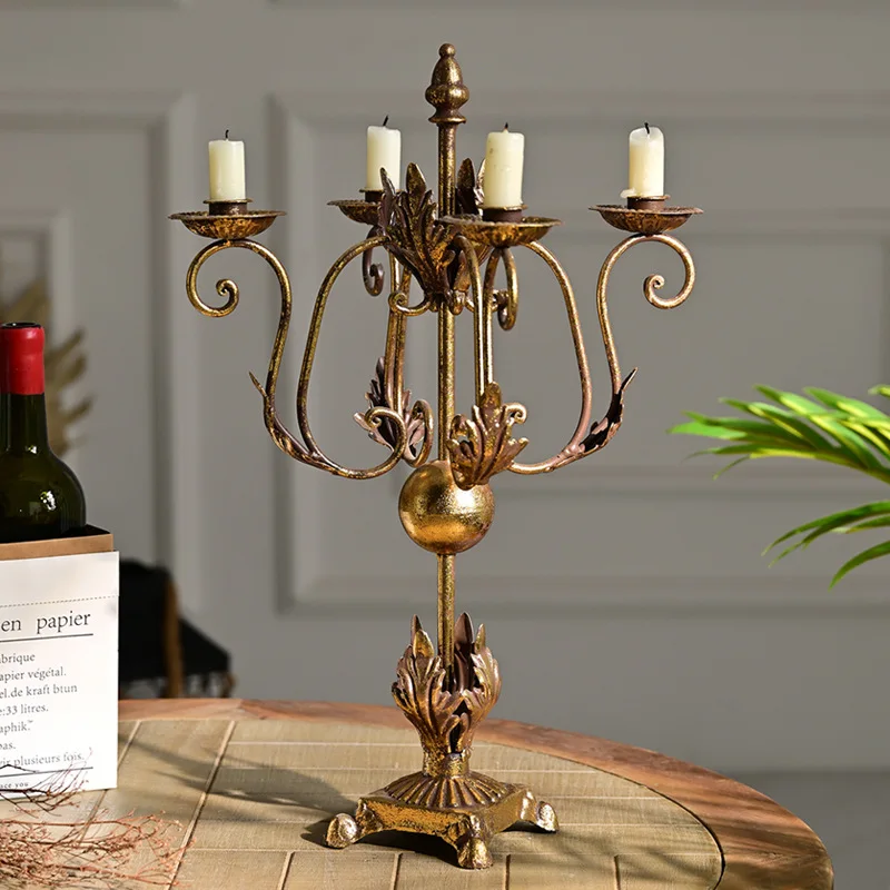 French old wrought iron four-headed gold high-end atmosphere household table decoration candle dinner candle holder