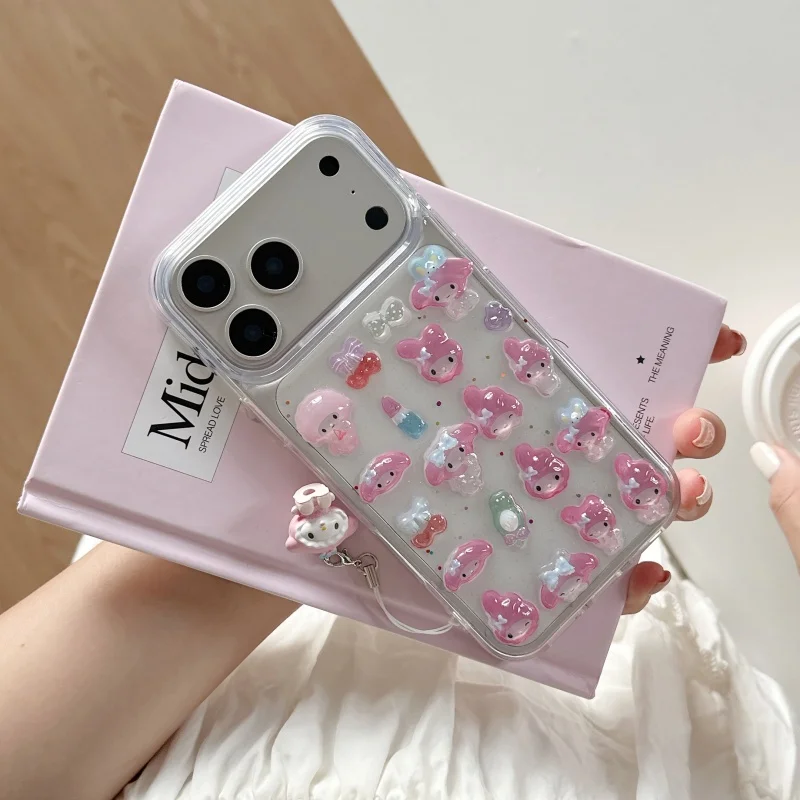 

Cute Kawaii cartoon3D solid lipstick Y2K cherry Bow My Melody Sparkling Phone Case For iPhone 17 Pro 14 15 13 16 Pro Max Cover﻿﻿