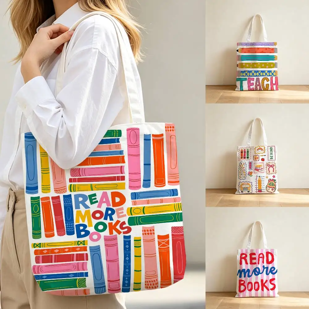 Read Books Canvas Tote Bag Waterproof Lining Large Capacity Reusable Shopping Bags Casual Student Daily Handbag
