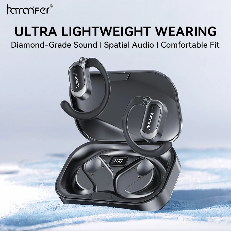 HAMANFER OWS Open Ear Bluetooth Earphones 360° Panoramic Sound 55H Long Battery IP67 Waterproof Ear Hook Wireless Earbuds