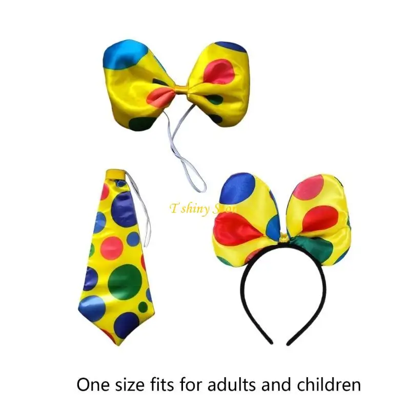 N58F Polka Dot Clown Krawatte Clown Fliege Kostüm Zirkus Fliege Polka Dot Schleife Stirnband Clown Cosplay Krawatte Halloween Up