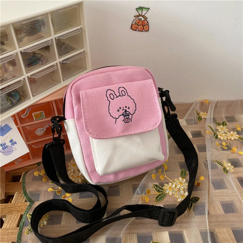 Canvas Women‘s Phone Bag Cartoon Printed Shoulder Messenger Bag Fashion Hit Color Flap Purse Casual Handbag Female Shopping Bag