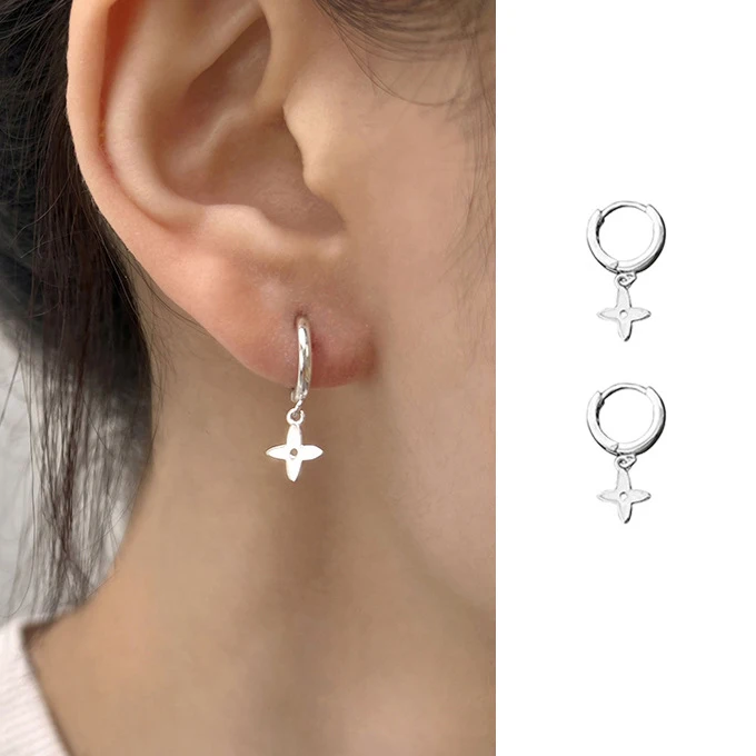 VIVILADY 1 Piece 925 Silver Cute Cross Flowers Hoop Earrings for Fashion Women Fine Jewelry Minimalist Accessories