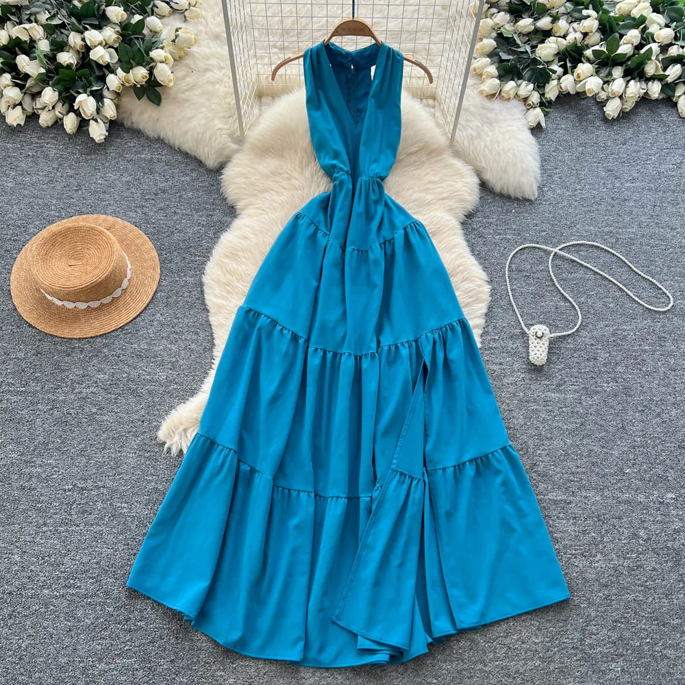 Elegancka, seksowna sukienka vintage z dekoltem halter, rozcięciem, marszczeniami, w stylu wróżki, długa sukienka na wakacje, damska sukienka boho, sukienka na ceremonię.