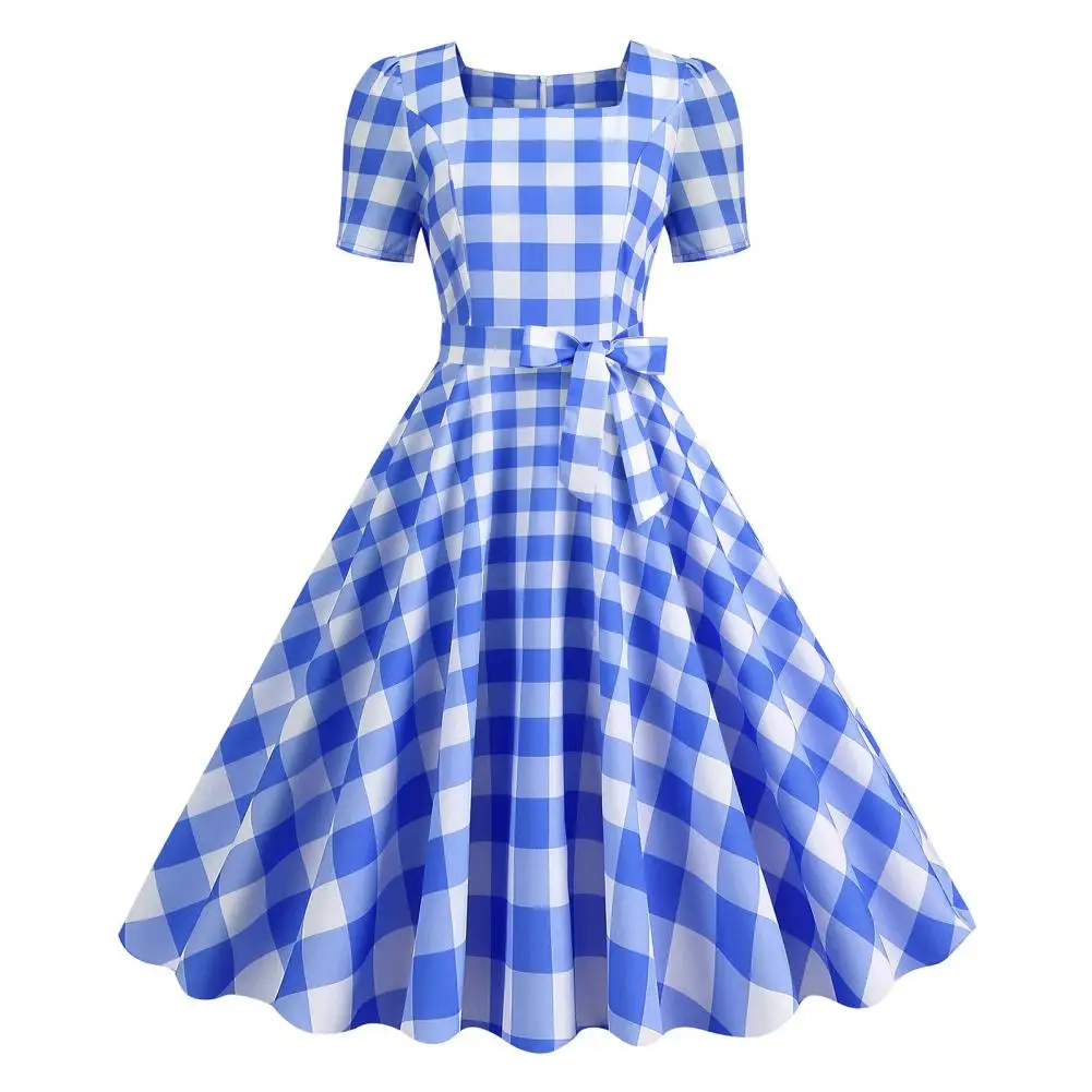 

High Waist A-line Dress Retro Plaid Print A-line Swing Dress for Women Vintage Square Collar Short Sleeve Midi for Cocktail