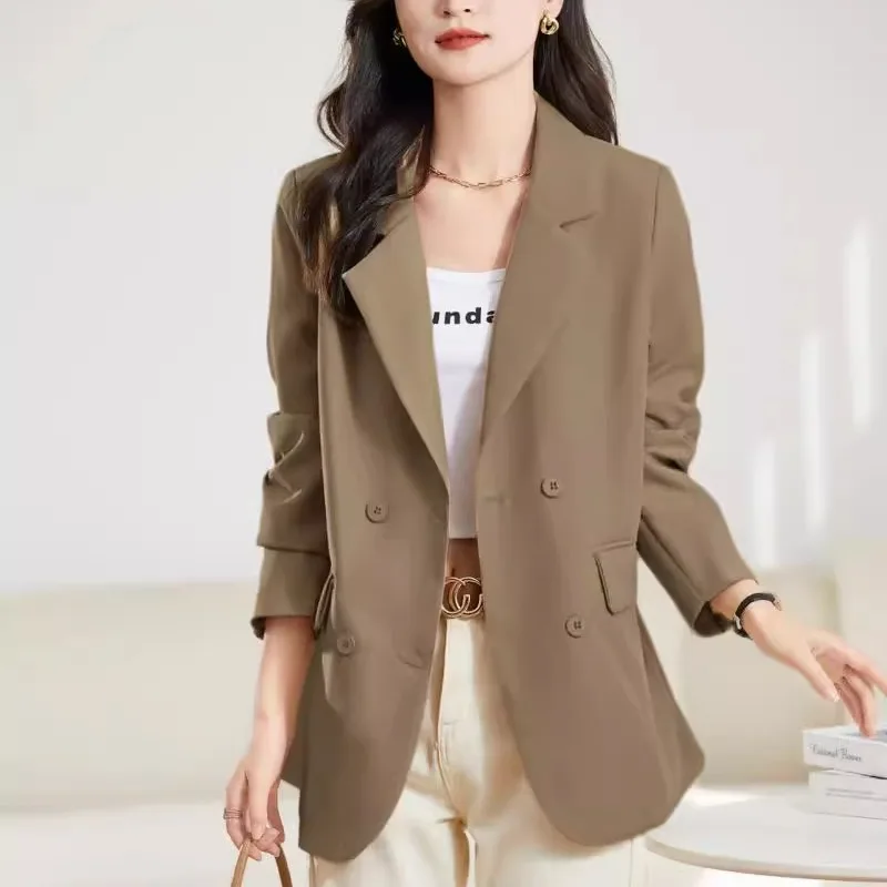 

Spring 2025 Women's Casual s Suits Ladies Jaets Straight Cut Long Sve Double Breasted Pure Color Faionable