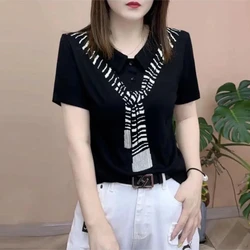 Summer Preppy Style Women's Clothing Solid Color Scarf Collar Striped Button Pullover Short Sleeve Turn-down Collar T-shirt Tops