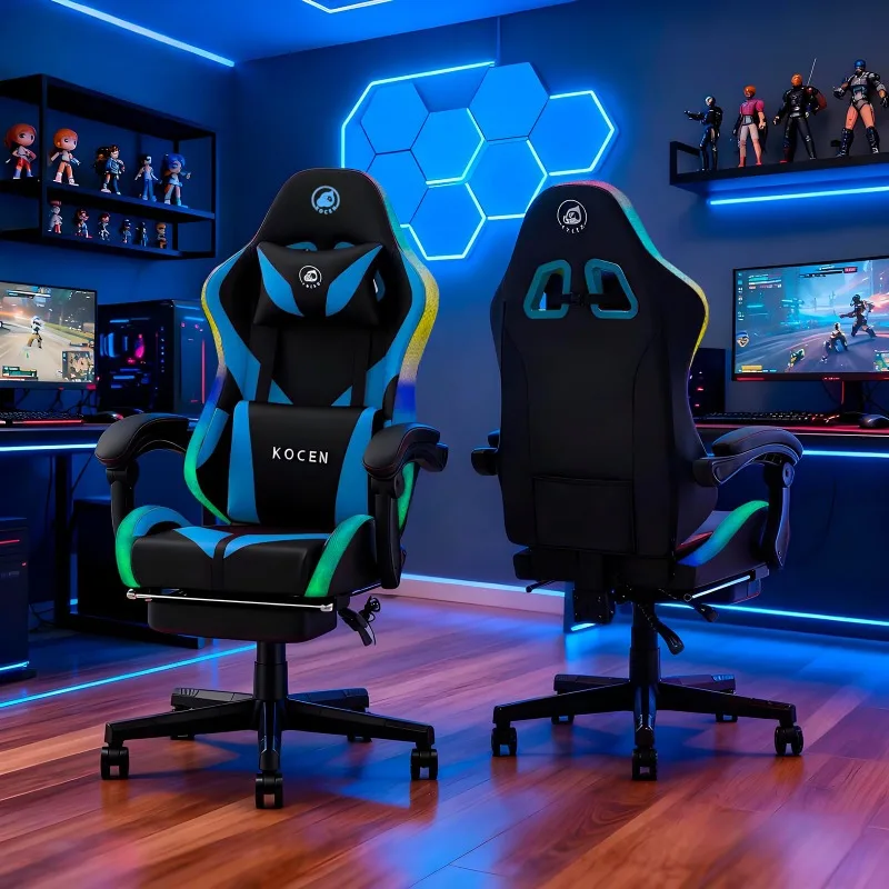 Gaming Chair with LED Light, Footrest and Massage, Big and Tall Computer Chair with Lumbar Support, Pocket Spring