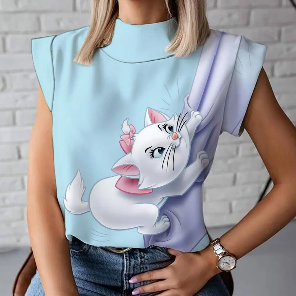 

2023 Summer New Marie Cat Animation Trend Versatile Pattern Disney 3D Printing Women's Harajuku Street High Neck T-Shirt Vest