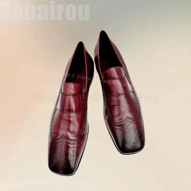 Burgandy Carving Design Square Toe Loafers Fashion Slip On Men Shoes Luxury Handmade Party Feast Banquet Office Men Dress Shoes