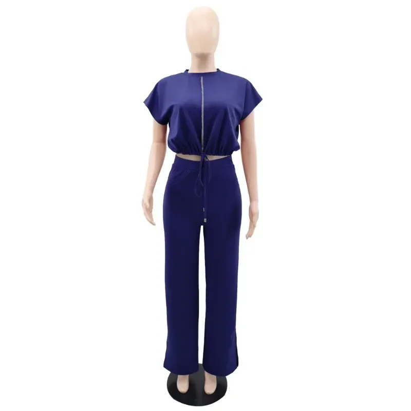 High Waist Slit Trousers Fashion Two Piece Suit Summer Trousers Sets Y2K Women Drawstring Short Top Tshirt Top Loose Pant