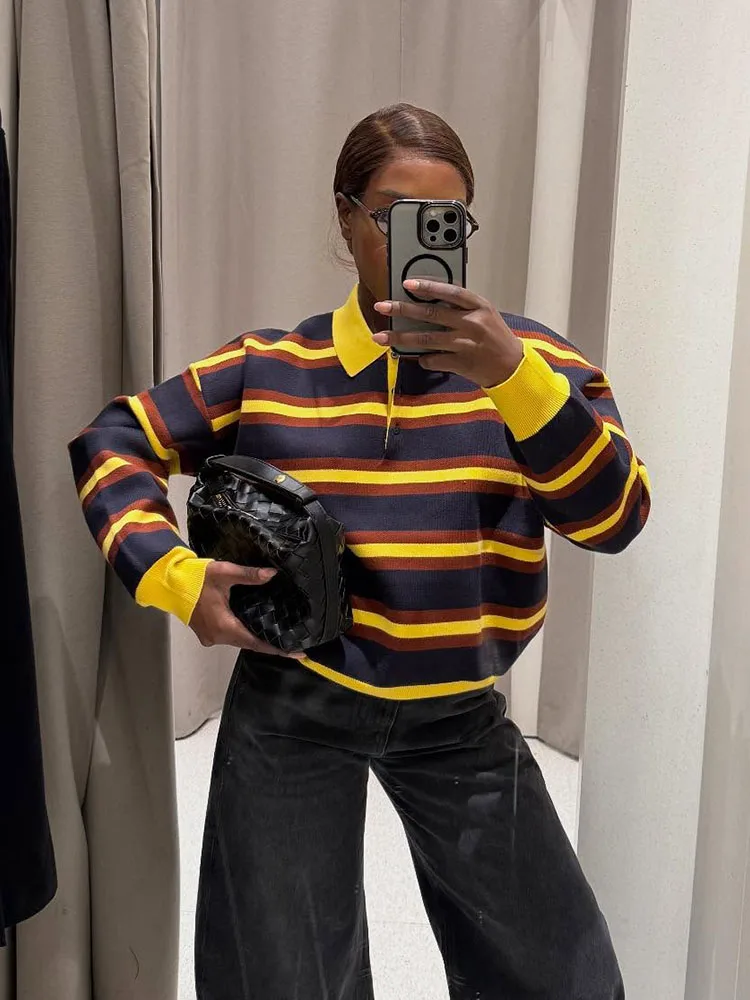 HH المرأة الخريف موضة سليم البنطال القصير أنثى شيك متعدد الألوان مخطط بولو طوق زر سترة طويلة الأكمام بلوزة كاجوال ﻿