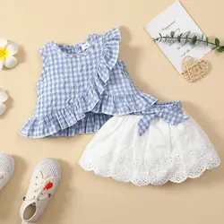 Charming Girls' Summer Ensemble: Sleeveless Plaid Ruffle Top & Lace Hem Skirt - Comfy, Durable & Stylish