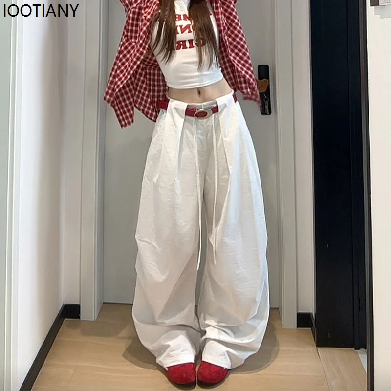 

White Basic Wide-leg Pants Women's Solid Color Korean Style Fashion Parachute Pants Loose Lace Summer Hip-hop Scissor Pants 2025