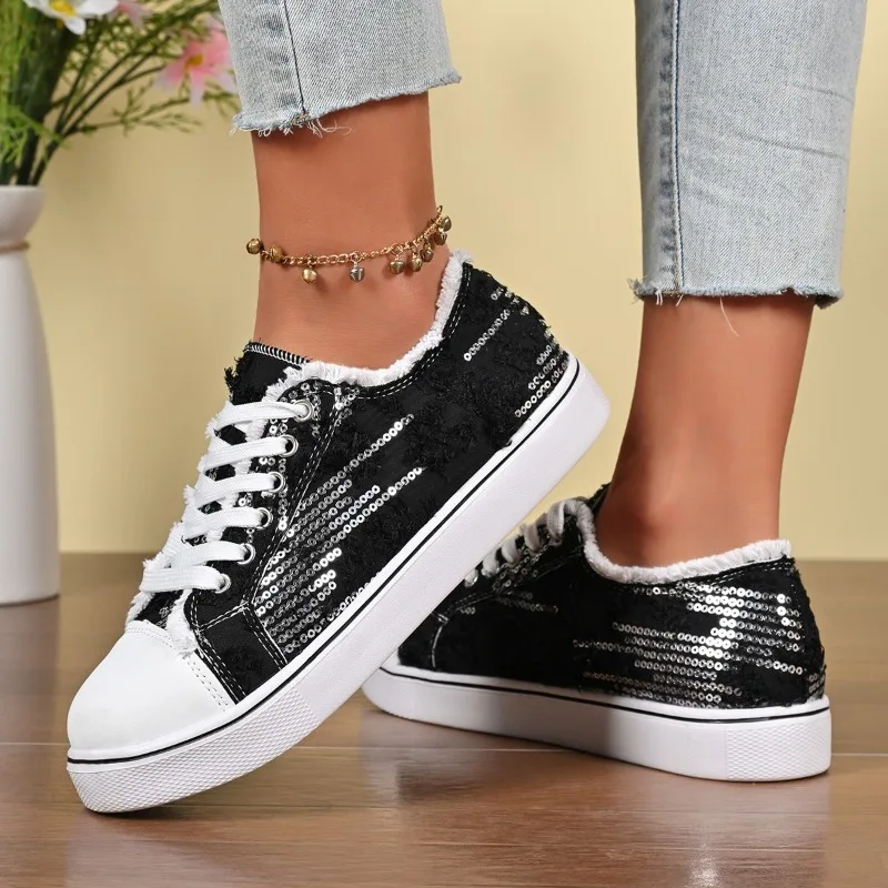 أحذية ربيعية منخفضة الأعلى للنساء، أحذية رياضية مسطحة كاجوال متعددة الاستخدامات بمقدمة مستديرة وقماش ترتر قابلة للتنفس