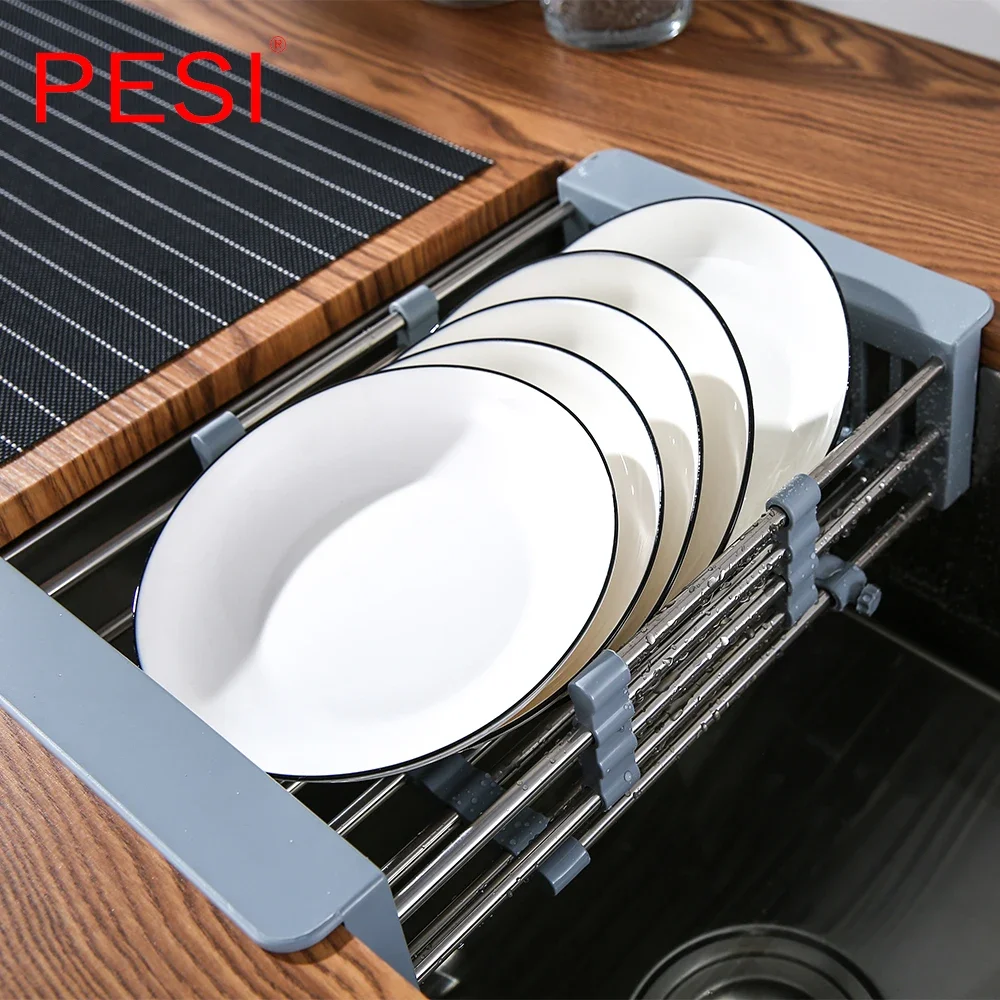 Kitchen Sink Drain Rack Silica Gel Drainage Kitchen Sink Drain RackStainless Steel Tube Holder Foldable Flume Fittings.