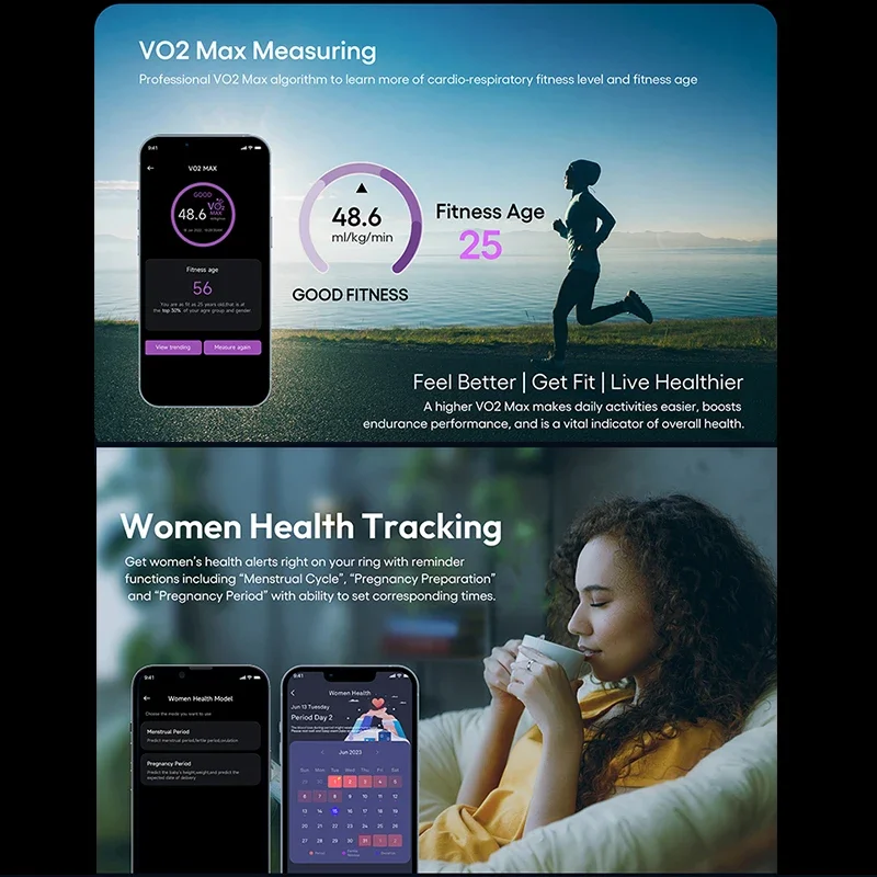 Titanium Alloy Smart Health Ring, IP68 Waterproof Fitness Tracker with HRV, SpO2, VO2 Max & Sleep Monitor, Wireless Charging Sma
