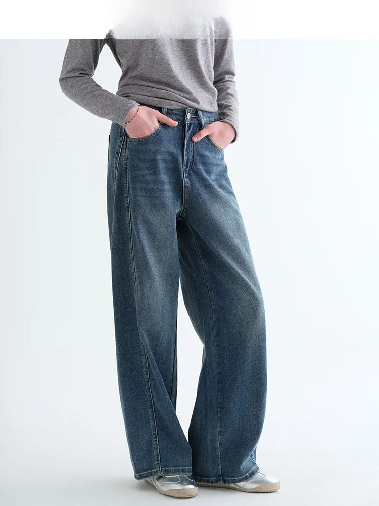 

Женские джинсы с высокой талией и драпировкой, весна 2026, новые, утягивающие, свободного кроя, широкие брюки, повседневные, из мягкого хлопка, на молнии