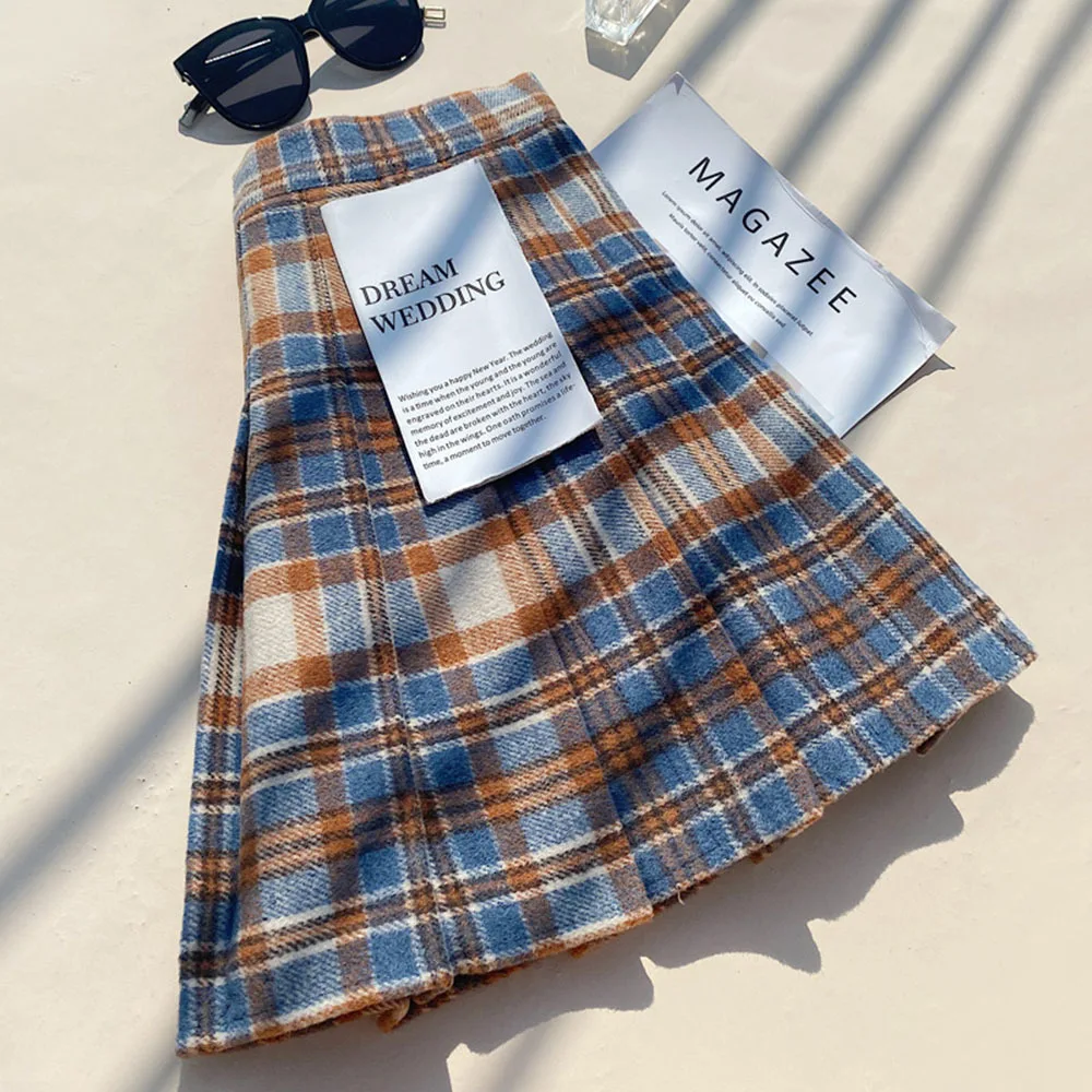 Plaid Woolen Blends Pleated Skirt For Women Fall Winter High Waist A-line Skirt Ladies Fashion Khaki Mini Skirts Vintage Female