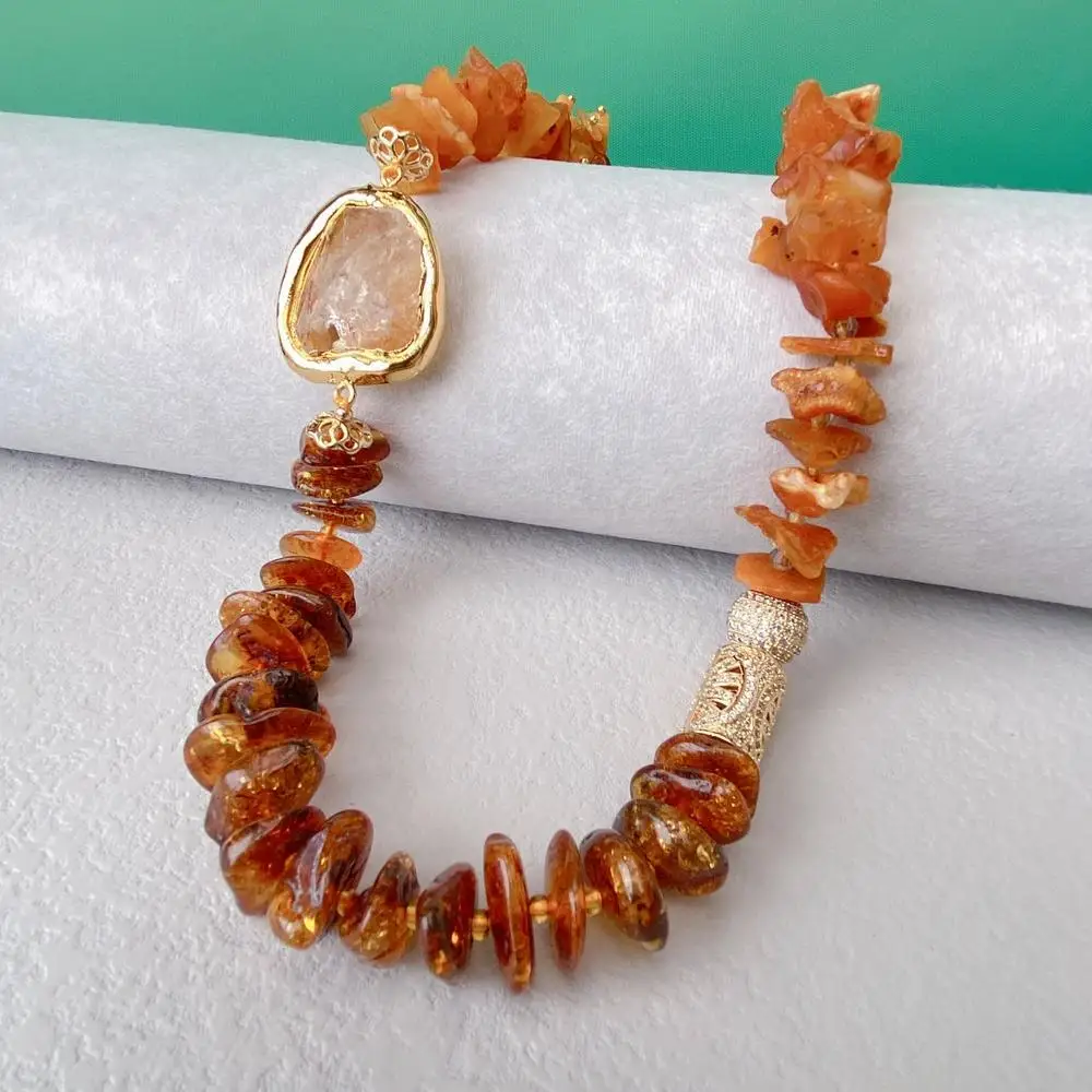 kkgem Natural   14mm x 3mm Golden Amber Rough 28x32mm Yellow Citrine Raw Necklace