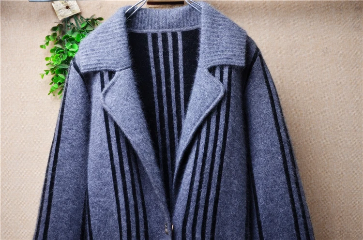 Fashion Ladies Women Autumn Winter Striped Angora Rabbit Hair Knitted Long Sleeves Suit Collar Loose Long Sweater Cardigan Coat