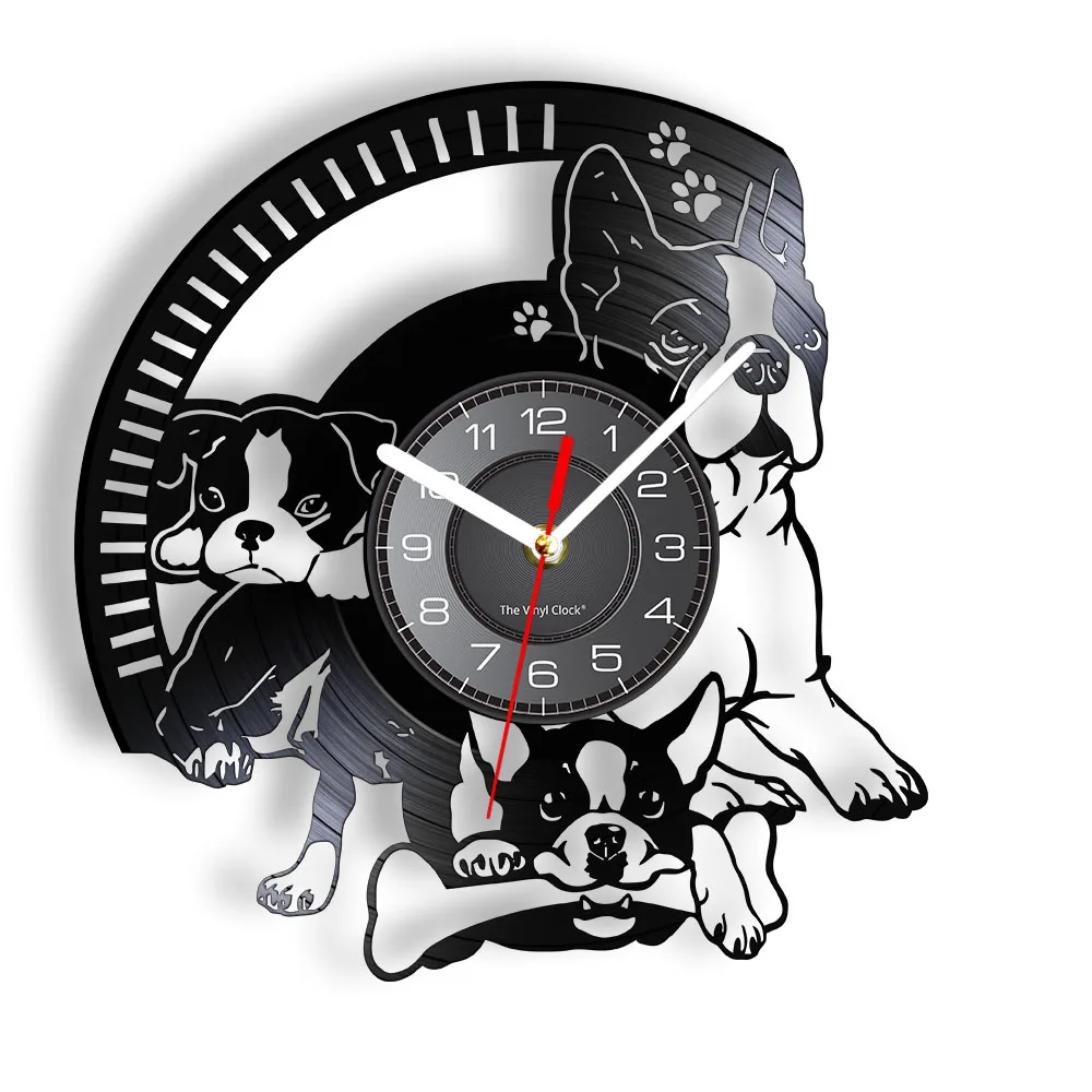 Boston Terrier Decoration Vinyl Record Wall Clock Home Decor Puppy Dog Breed Pet Silent Non Ticking Wall Watch Dog Lover Gift