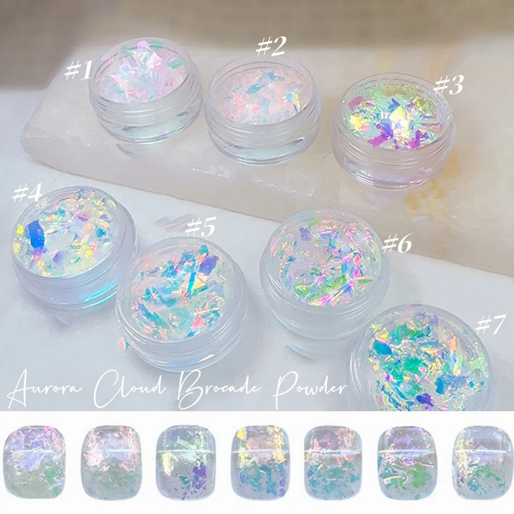 1 tarro Aurora ópalo brillo polvo 7 colores nube brocado copos polarizados brillante iridiscente nieve terciopelo brillo Nail Art polvo