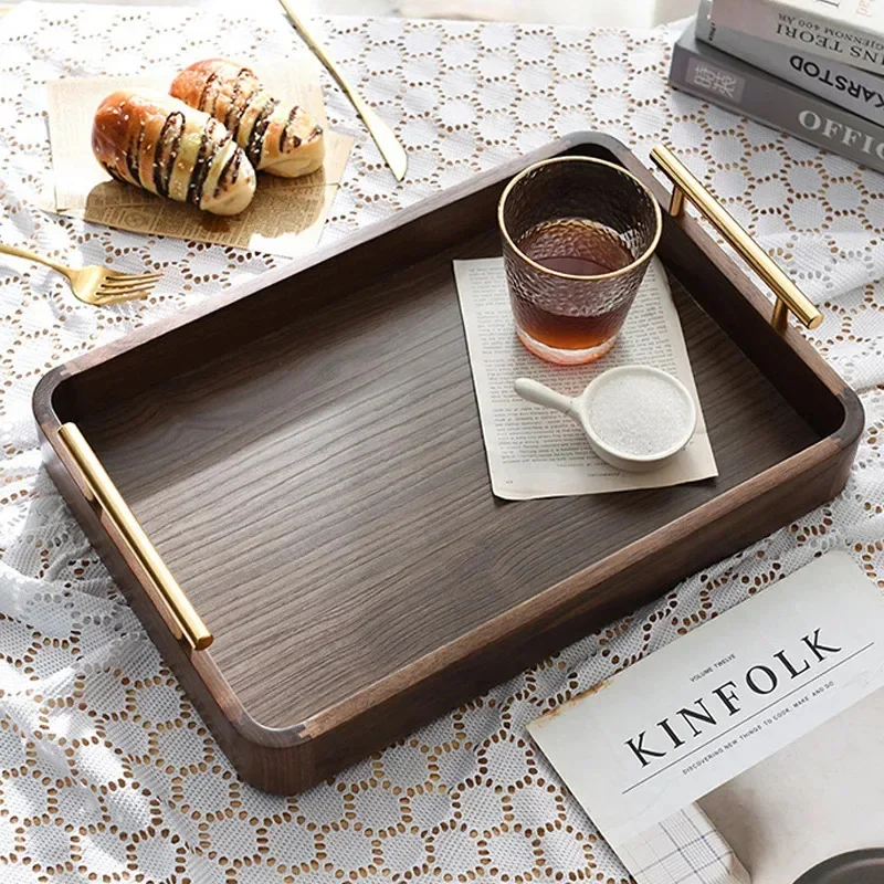 Household Fruit Plate Black Walnut Rectangular Wooden Tray Metal Handle Solid Wood Chinese Style Tea Set Presentation Storage