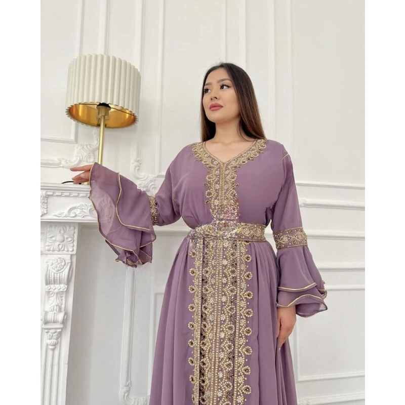 Light Purple Moroccan Dubai Kaftans Farasha Abaya Dress Very Fancy Long Gown