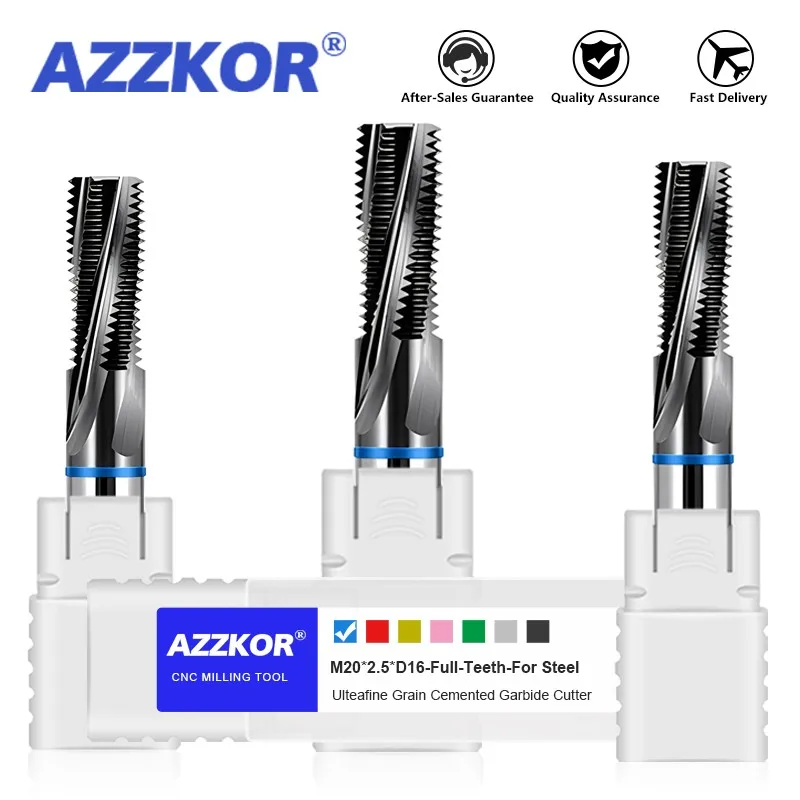 AZZKOR HRC65 Full-Teeth Thread Milling Cutter Tungsten Steel Carbide Black Coating High Hardness Endmills For CNC Machining Tool