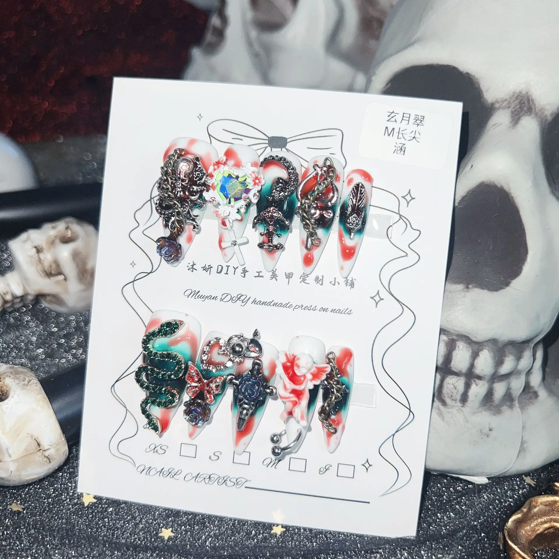 القوطية الشرير الشيطاني اضغط على الأظافر مع الجمجمة المعدنية الأفعى أحجام متعددة الأحمر الأخضر الجمجمة ثعبان الملاك تصميم #3