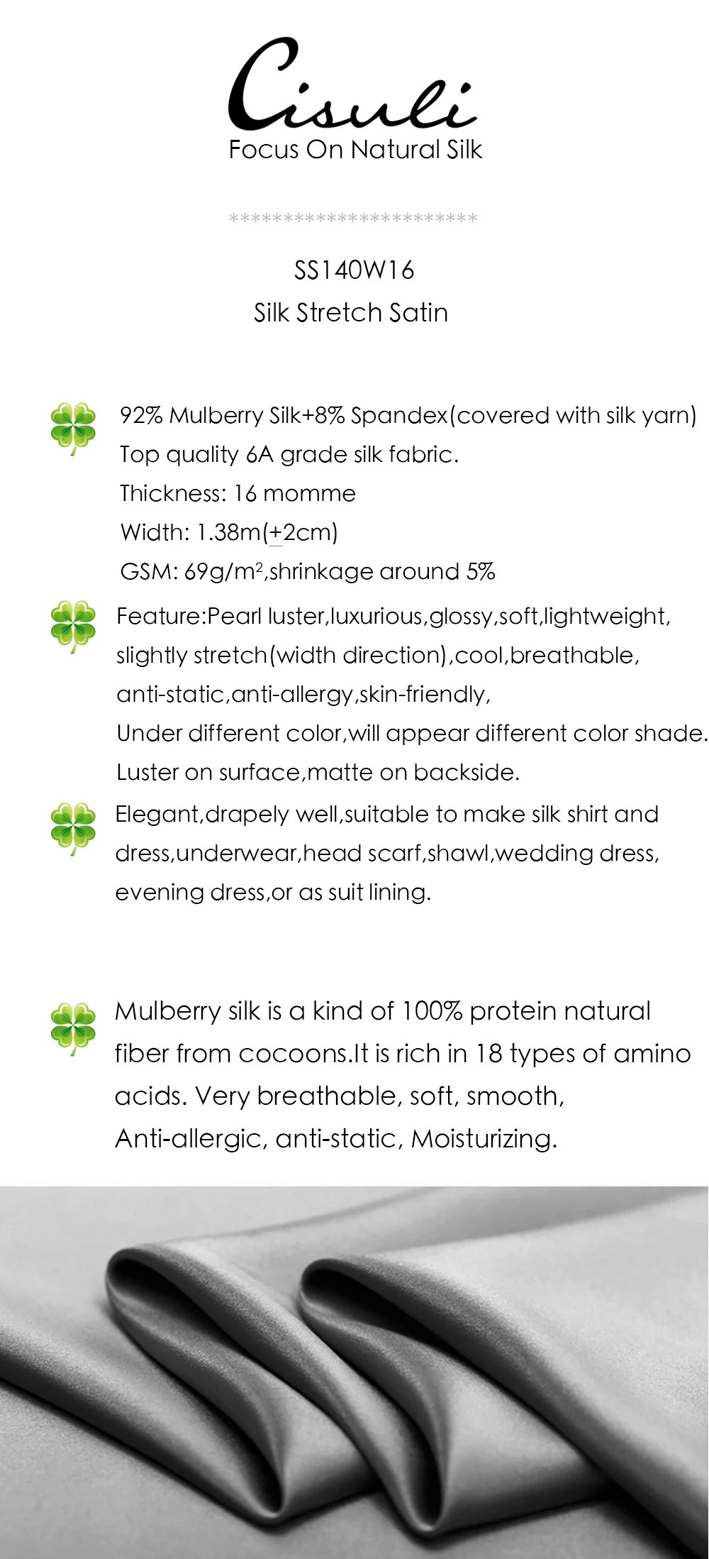 CISULI Pure Silk Stretch Satin Fabric,16momme,Width 140cm,Silk Lycra,Shirt and Dress Cloth Material