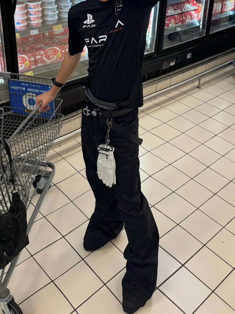 American RO Style Hand Brushed Wax Black Glue Flash Powder Coating Slim Micro Flared Floor Length Jeans Wax Pants Unisex