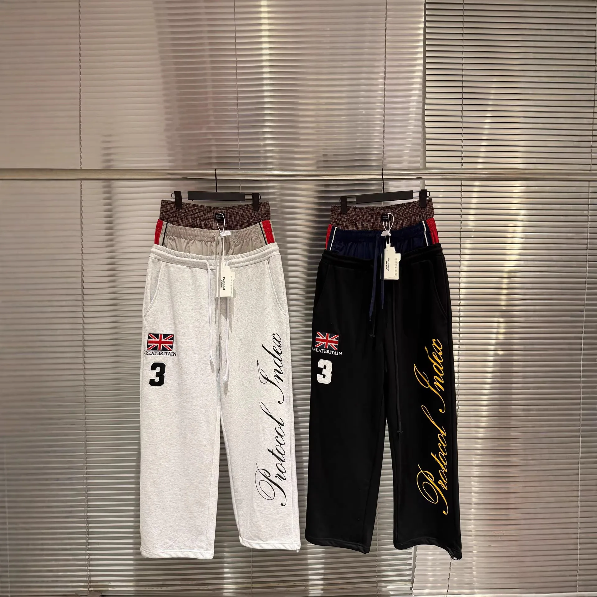 

Protocol index fake three-pocket waist, national flag embroidery loose and casual trendy wide-leg sports pants for men and women