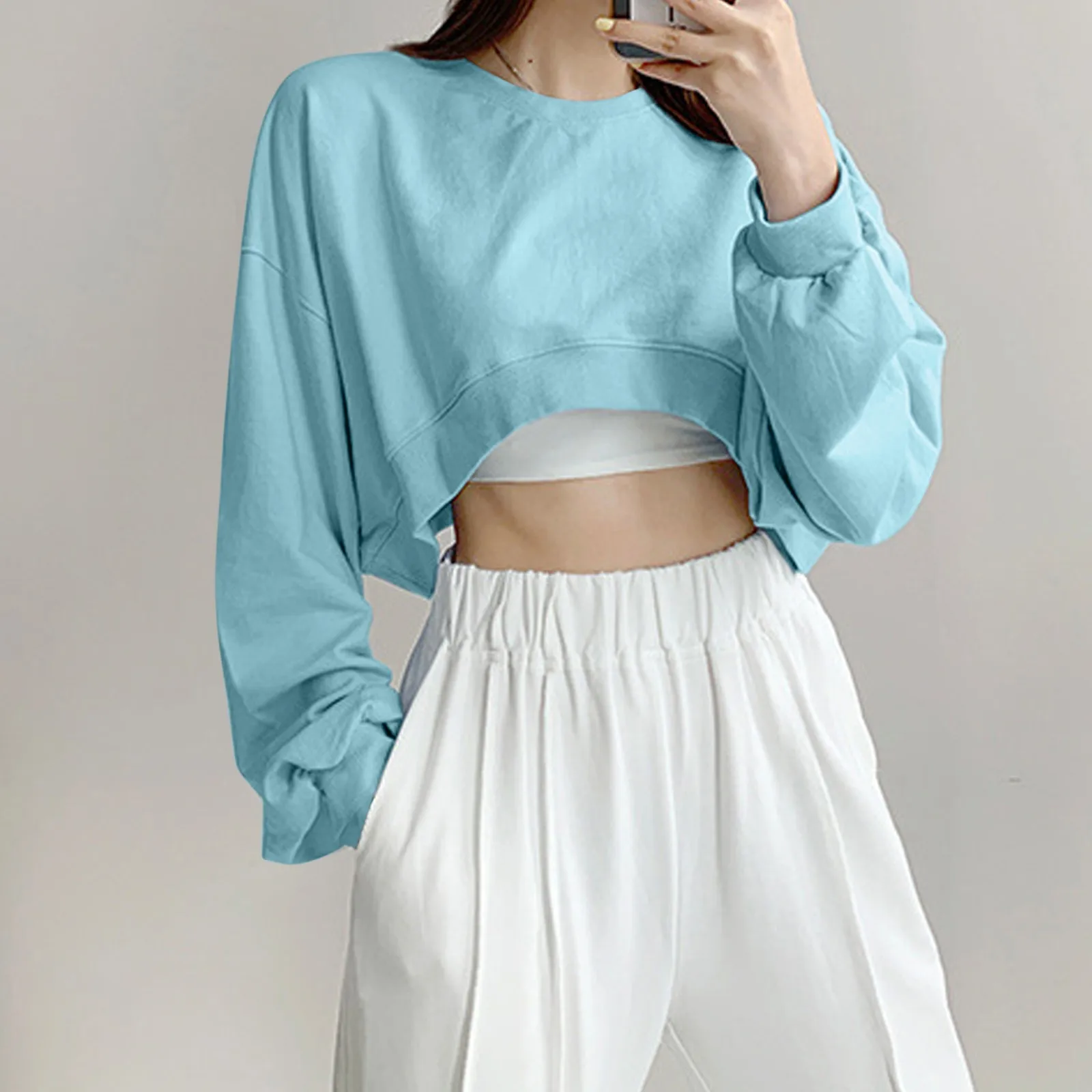 Short T-Shirt Women Solid Color Loose Round Neck Long Sleeve Cropped Top High Waist Navel Exposed Simple Casual Basic Summer