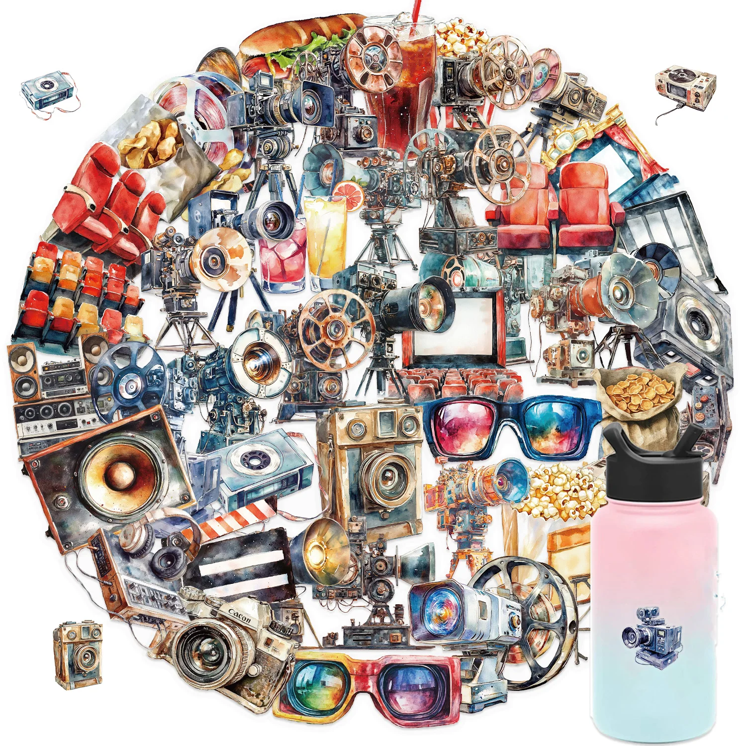 50PCS Creative Movie Projector PET Transparent Material Stickers Decals For Phone Laptop Notebook Suitcase Guitar DIY Cartoon