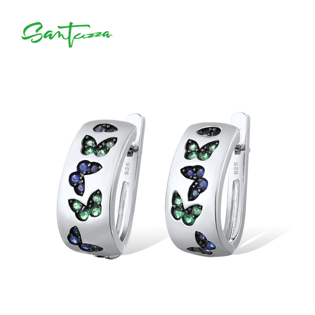SANTUZZA Pure 925 Sterling Silver Earrings For Women Sparkling Blue&Green Spinel Lovely Butterfly Fantastic Wedding Fine Jewelry