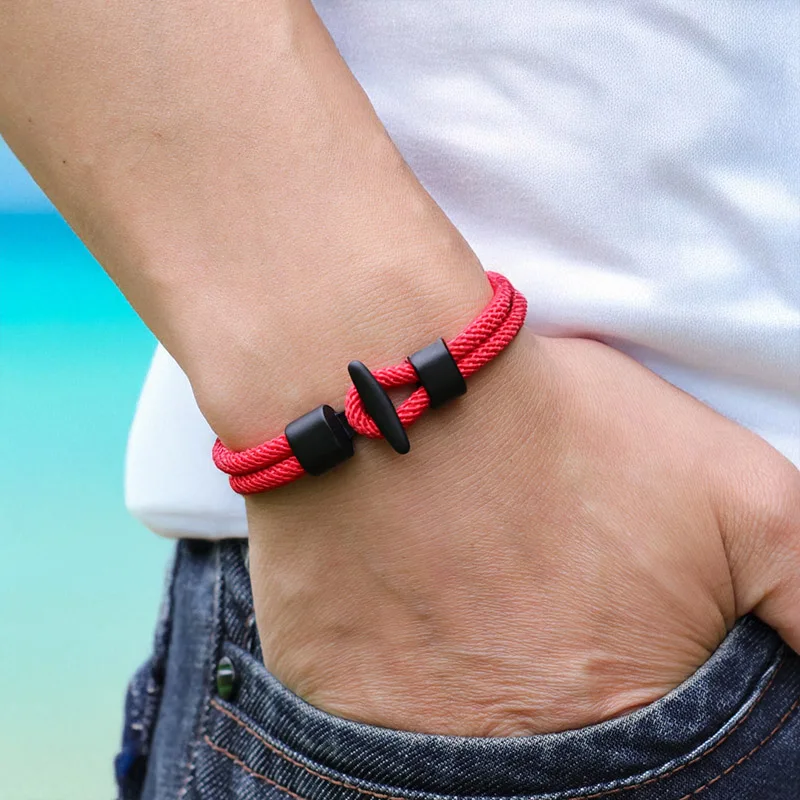 Klassisches Doppelschicht-Nylonseil-Armband der Güteklasse A für Herren, schwarz, einfacher Haken, handgefertigt, gewebt, Glück, rote Kordel, Armband, Outdoor, lässig, Homme, Joias