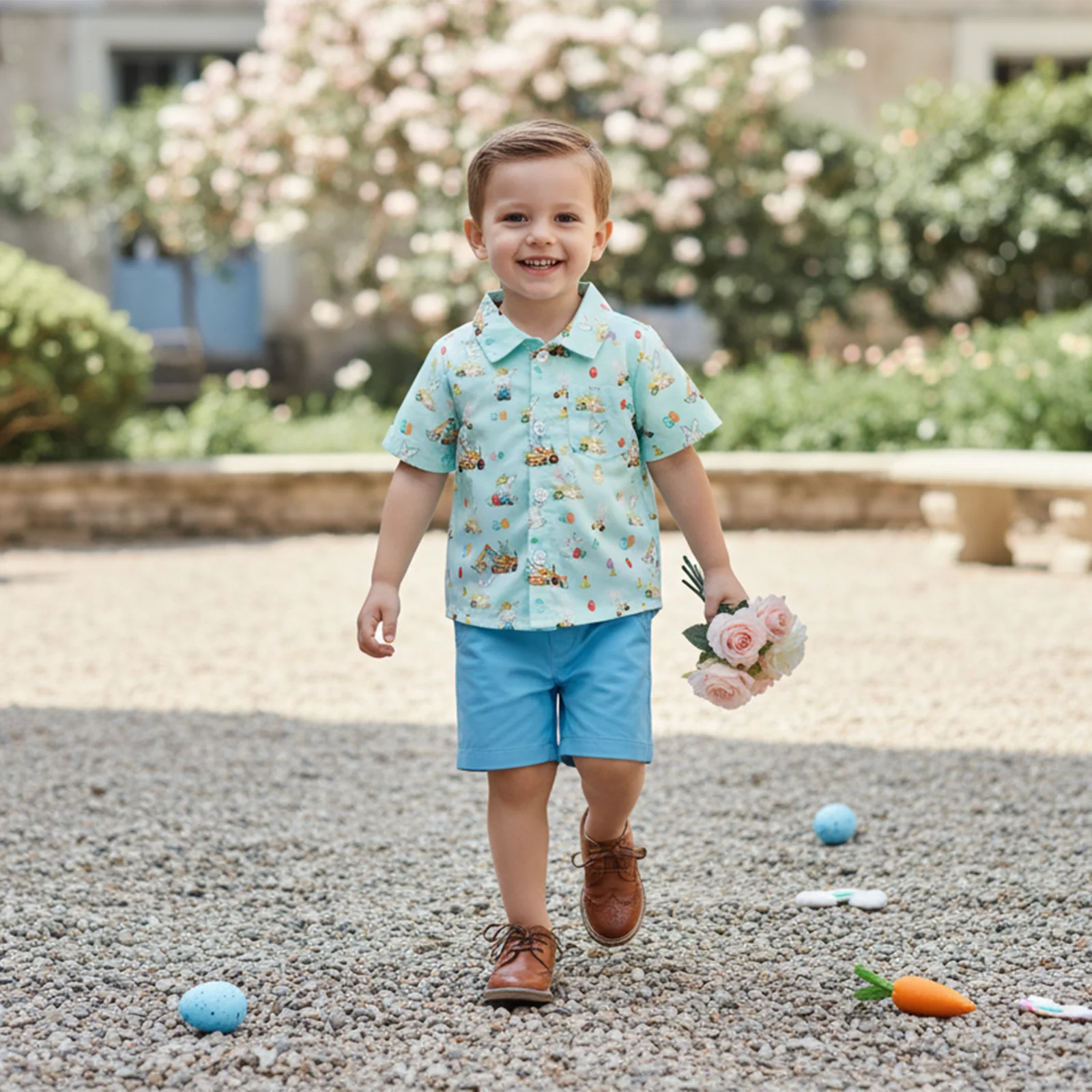 Toddler Baby Boys Easter Outfit Fashionable Bunny Printed Short Sleeve Shirt with Shorts 2Pcs Clothing Set