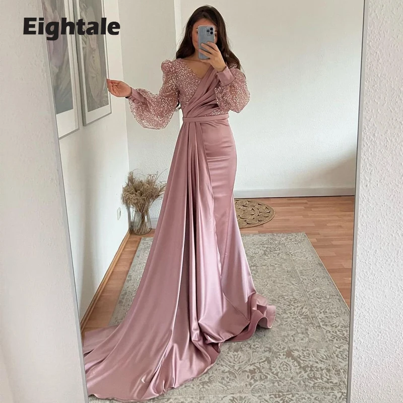 Eightale Emerald Green Mermaid Avondjurken V-hals Glitter Prom Gown Met Lange Puffy Mouwen Satijn Formele Wedding Party Dress