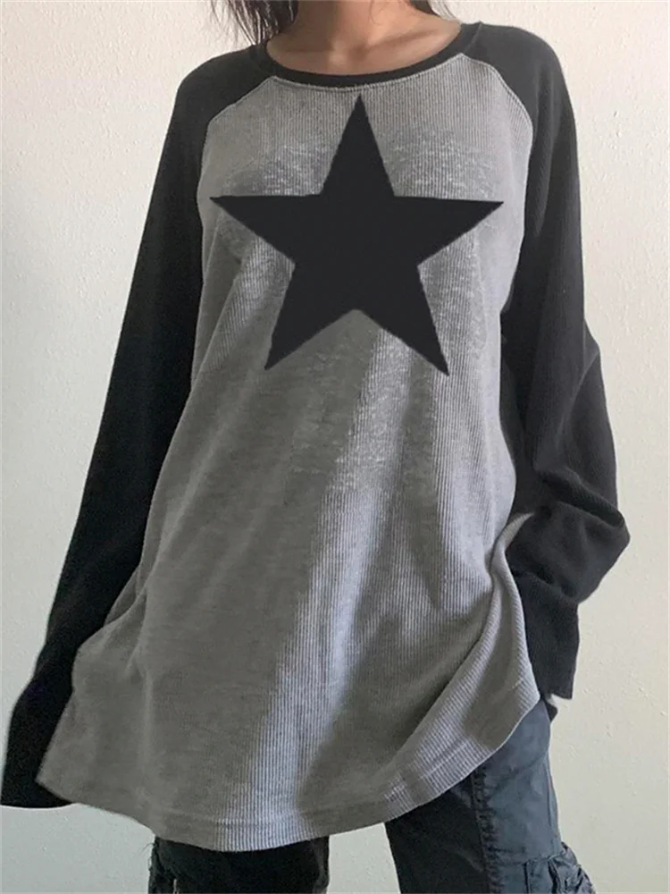 CHRONSTYLE Women Star Fairycore Long Sleeve Sweatshirts Tops Y2K Vintage Graphic Grunge Aesthetic 90s Patchwork Hoodies Clubwear