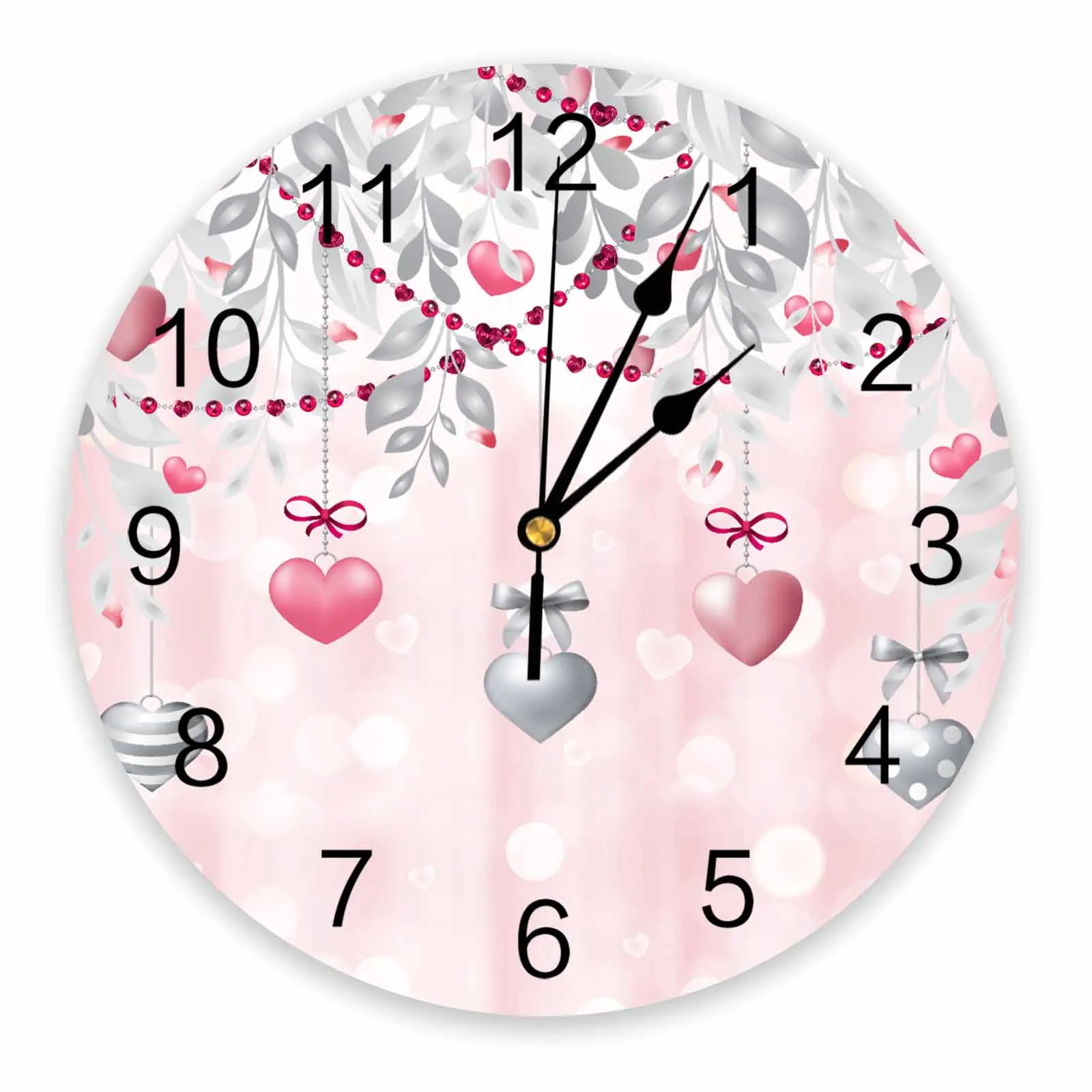 Valentine'S Day Love Eucalyptus Leaves Rose Pink Wall Clock Modern Silent Clock Living Room Home Decor Wall Hanging Watch