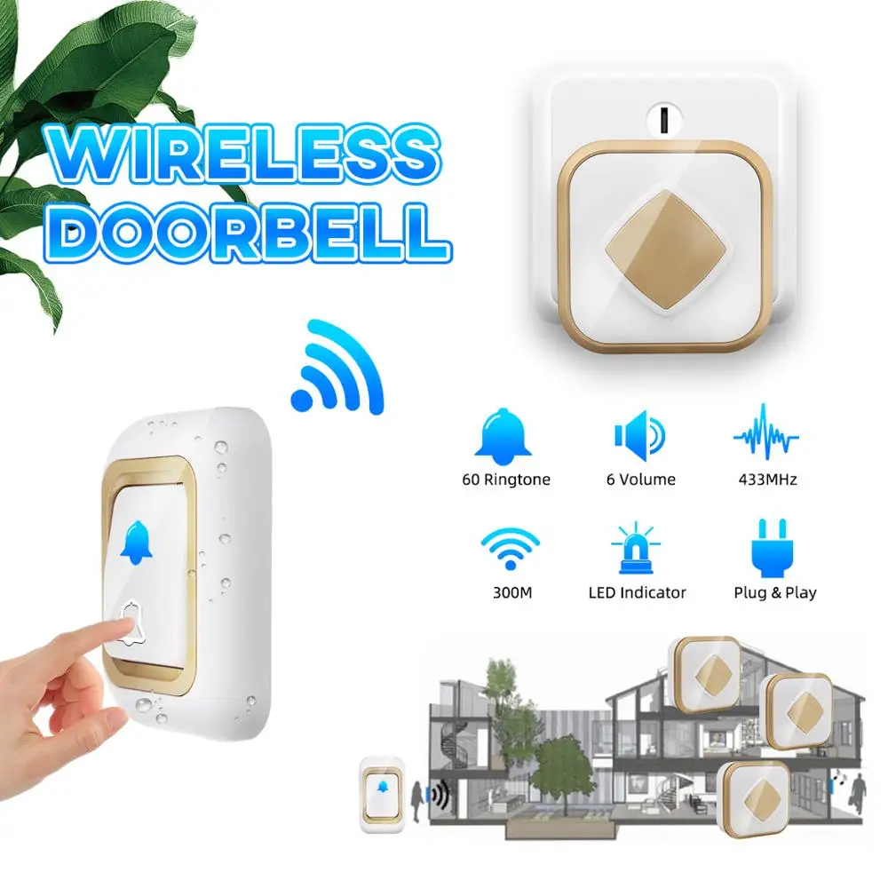 Wireless DoorBell Self Powered No battery Need Waterproof Home Smart Door Bell Ring 1 2 button 1 2 Receiver Night Light