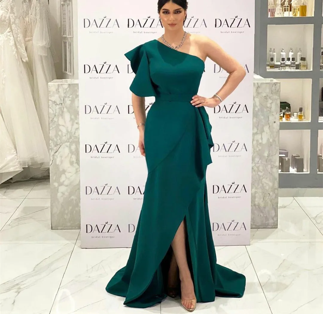 Classic Long One Shoulder Crepe Evening Dresses فساتين السهرة Sheath Green Split Sweep Train Prom Dress Robe de soirée for Women