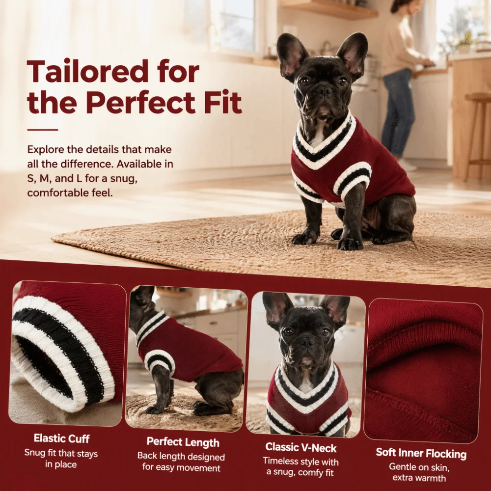 Red Pet Knitwear V-Neck Three Dimensional Tailoring Dog Knitted Vest Knitting And Flocking Material Thick Fabric Pet Sweater