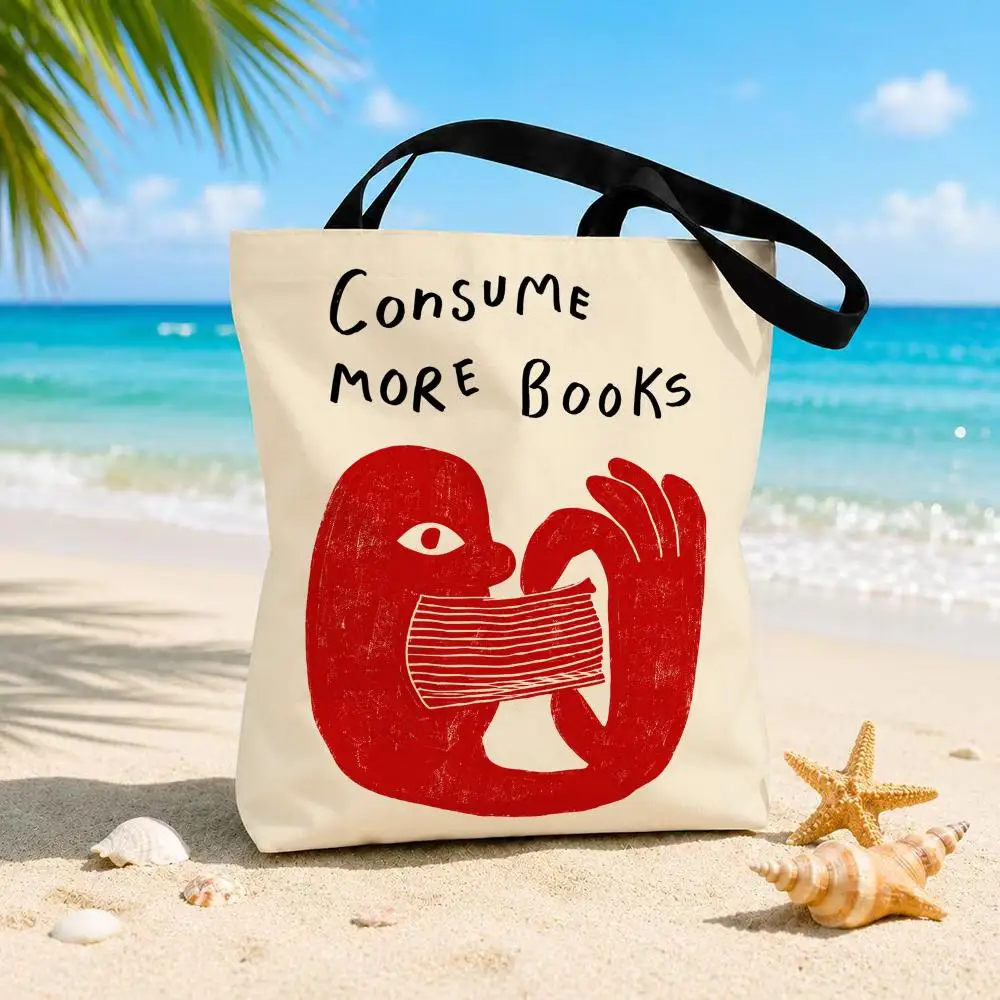 Retro Book Reading Storage Bags Beach Canvas Shoulder Tote Bag Double-Sided Print Fashion Handbag for Travel Picnic