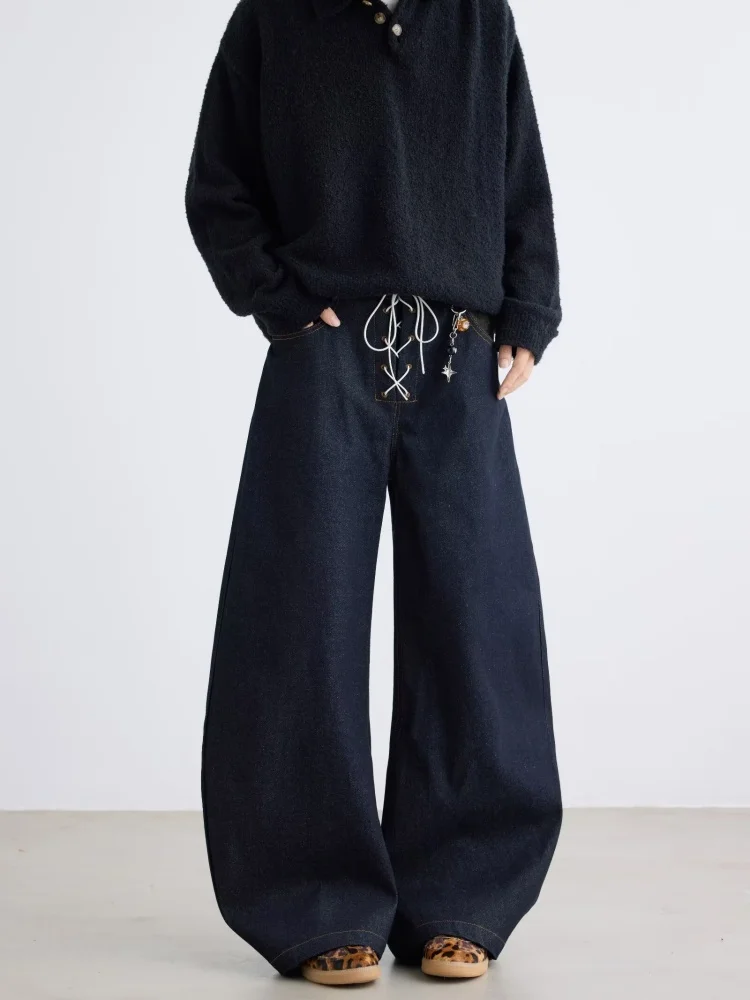 2026 Trend Y2K Style Dark Blue Leopard Patchwork Baggy Jeans Pants For Men Clothing Casual Straight Denim Trousers Moda Hombre